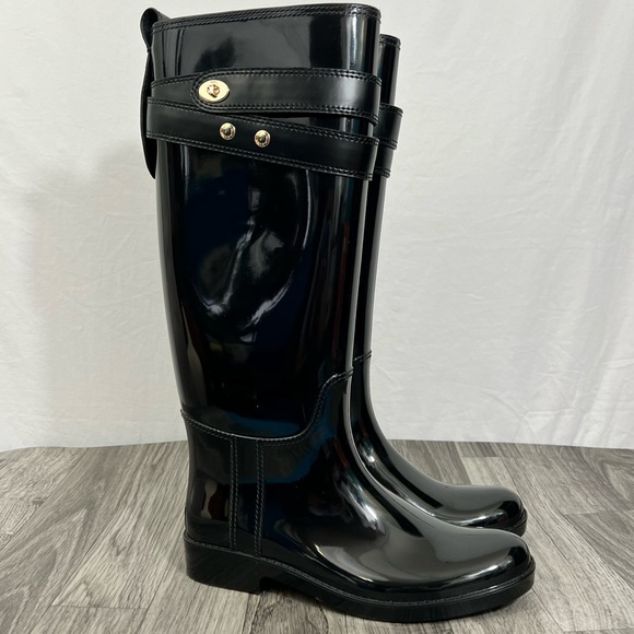 Coach Talia Tall Shiny Black Rain Boots Gold Turn Lock - Picture 1 of 8